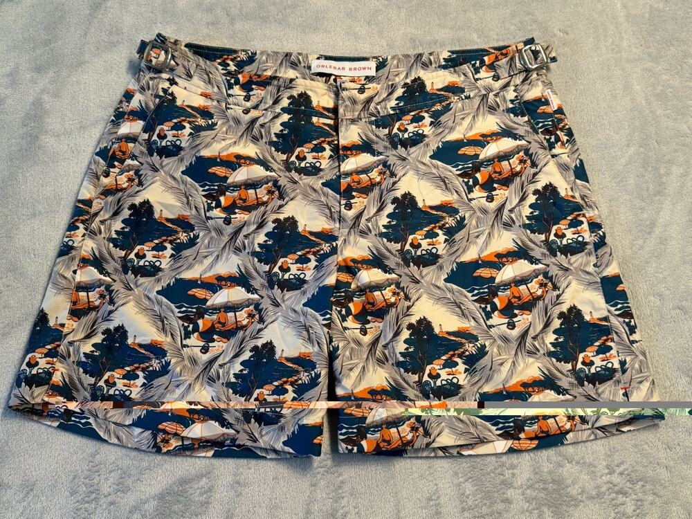 Sz 32 Orlebar Brown Bulldog Swim Shorts Board Trunks Surf Side Tab Beach AOP EUC